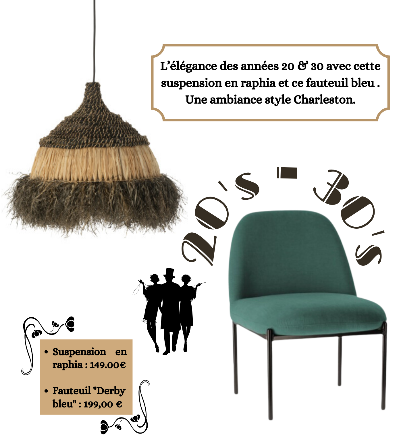 L’élégance des années 20 & 30 avec cette suspension en raphia et ce fauteuil bleu . Une ambiance style Charleston.